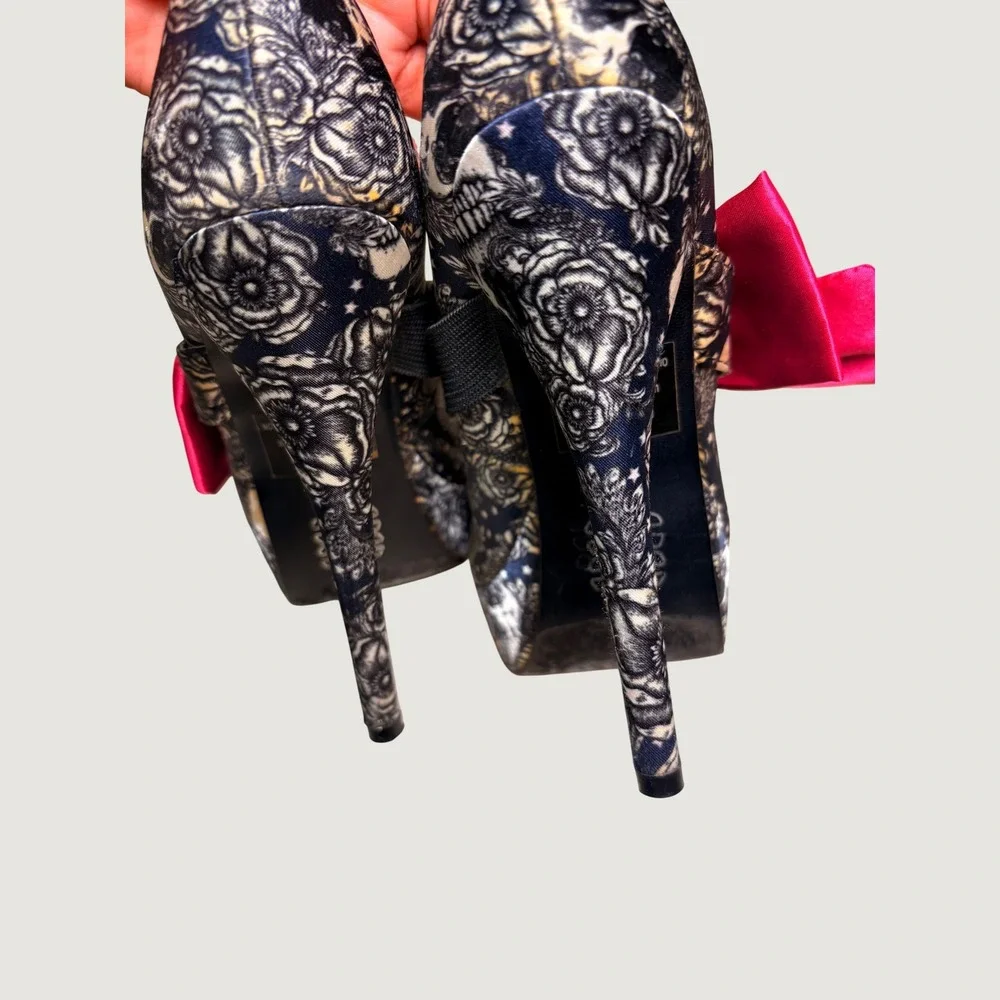 Y2K Iron Fist Floral Skull Print Platform Scene Pumps Bow Stiletto Heels